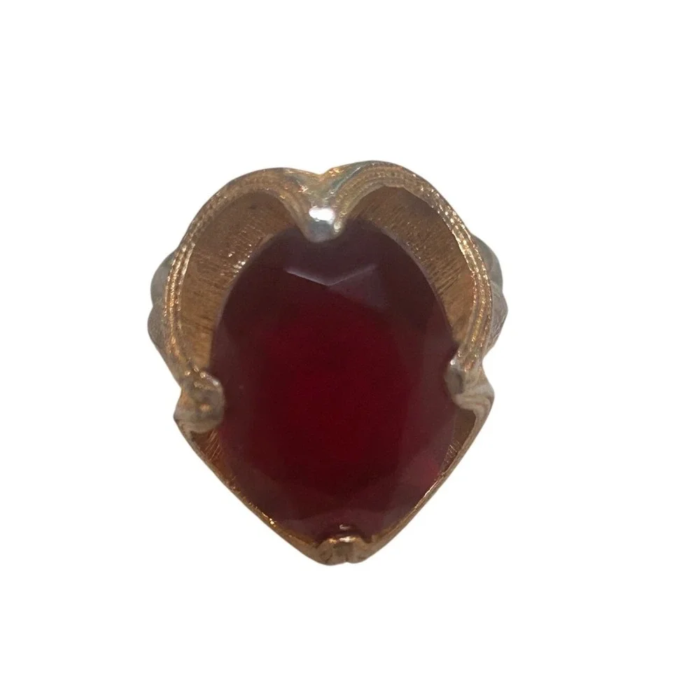 Vintage Red Glass Cocktail Ring Gold Tone Textured Adjustable Statement Ring